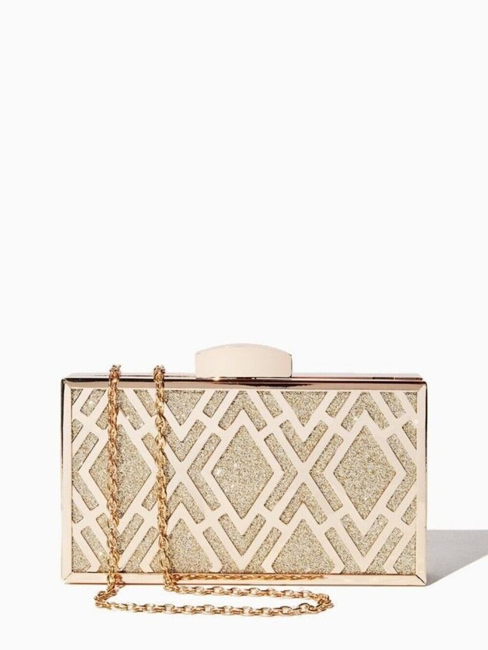 Gold Geometric Glitter Box Clutch with Chain Strap